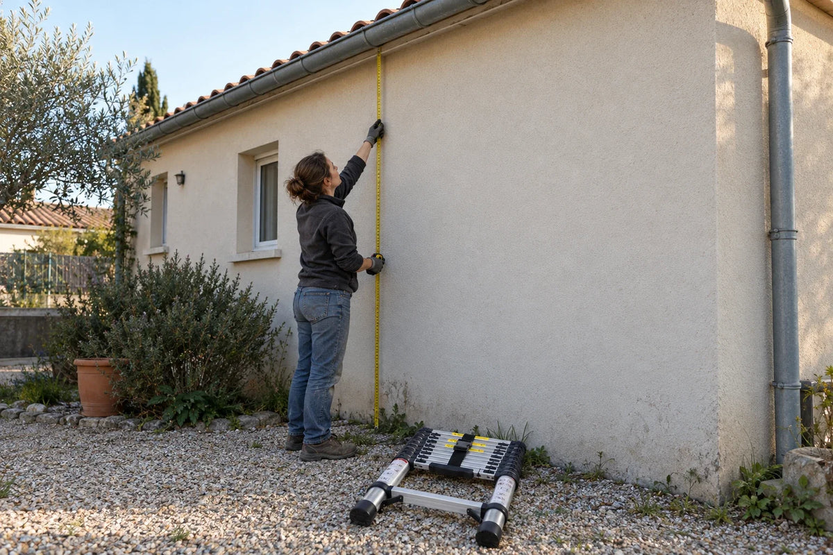 Femme qui mesure la hauteur d'une gouttière avec une échelle télescopique repliée à ses pieds Image