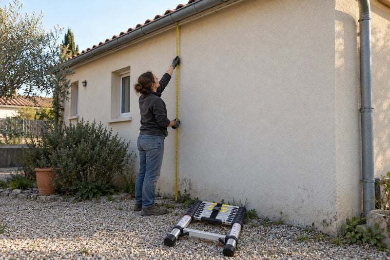 Femme qui mesure la hauteur d'une gouttière avec une échelle télescopique repliée à ses pieds