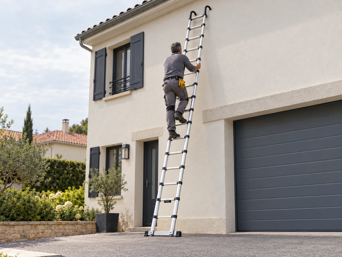 Artisan qui monte sur une échelle télescopique CIMMAX contre la façade d'une maison