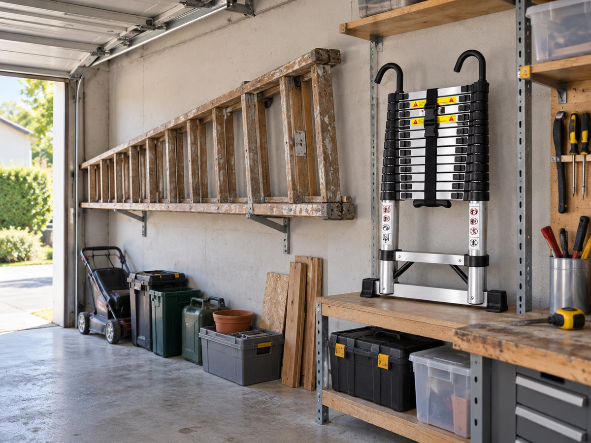 Garage avec une longue échelle en bois encombrante et une échelle télescopique CIMMAX repliée sur l'établi