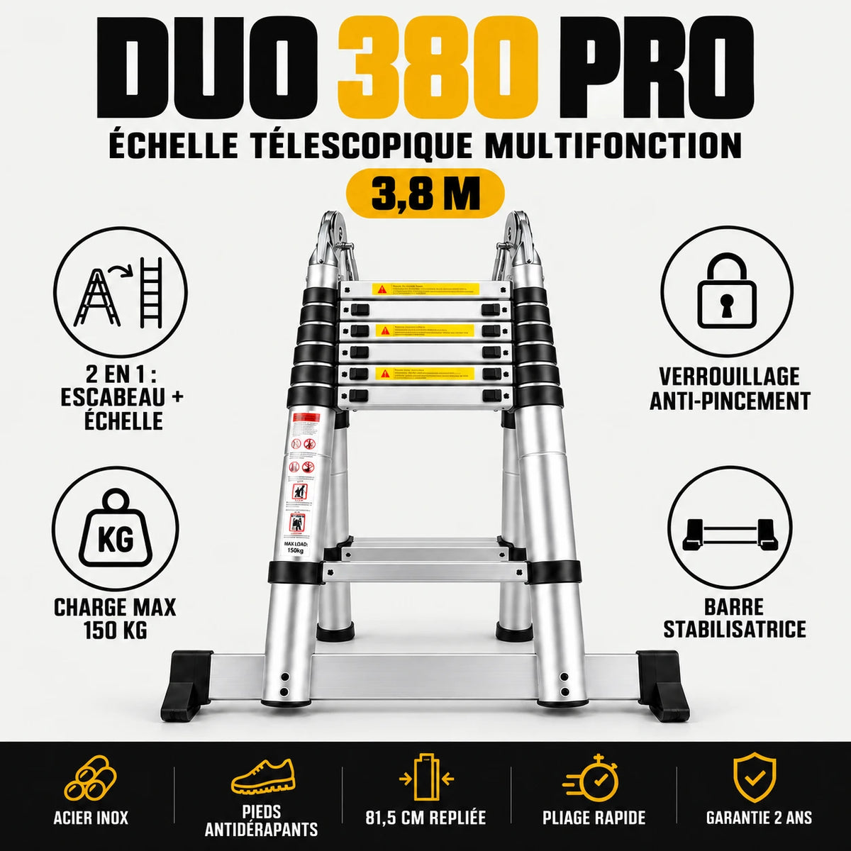 Infographie Duo 380 Pro : échelle télescopique multifonction 3,8 m, 2 en 1, charge max 150 kg, acier inox, 81,5 cm repliée