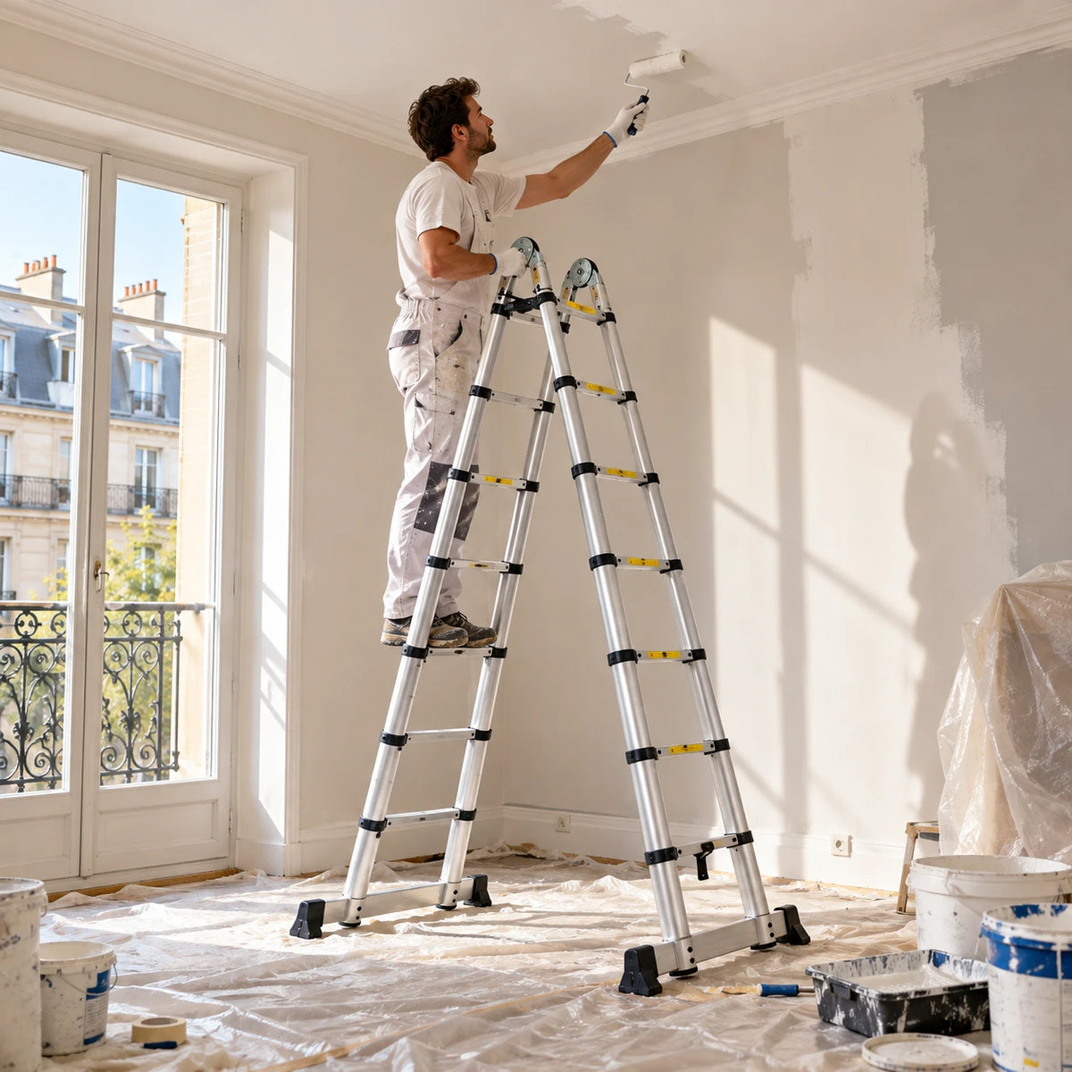 Peintre sur l'échelle Duo 380 Pro en mode escabeau, en train de peindre un plafond