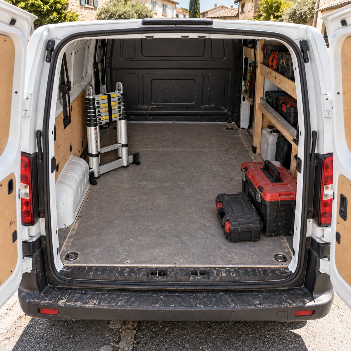 Échelle Duo 380 Pro repliée, rangée dans un utilitaire à côté des caisses à outils