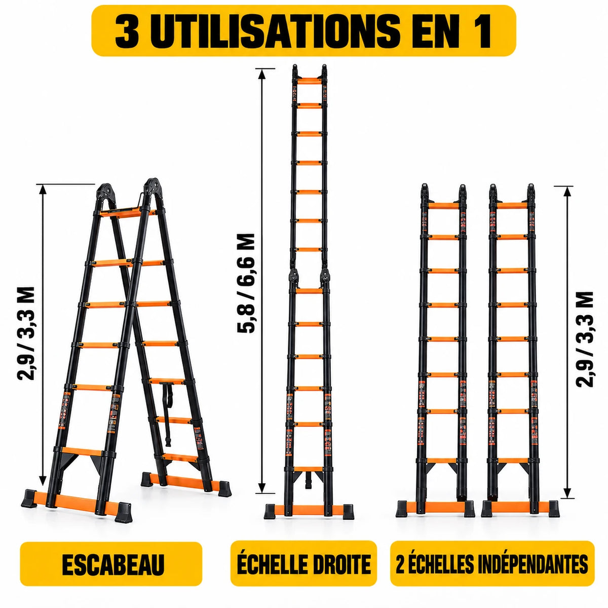 Les 3 utilisations de la Duo 660 XL : escabeau, échelle droite et 2 échelles indépendantes