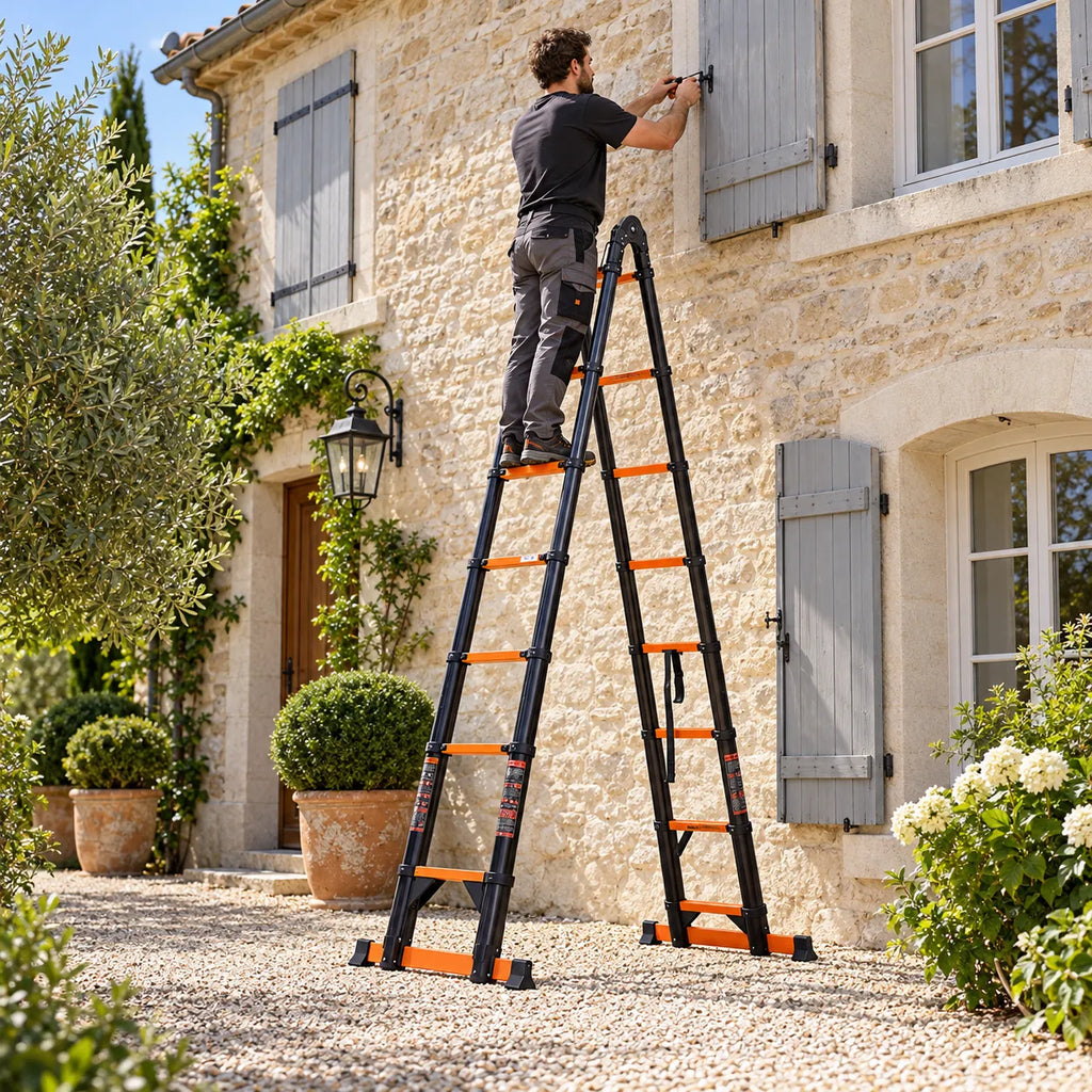 Artisan sur l'échelle Duo 660 XL en mode escabeau, en train de réparer un volet