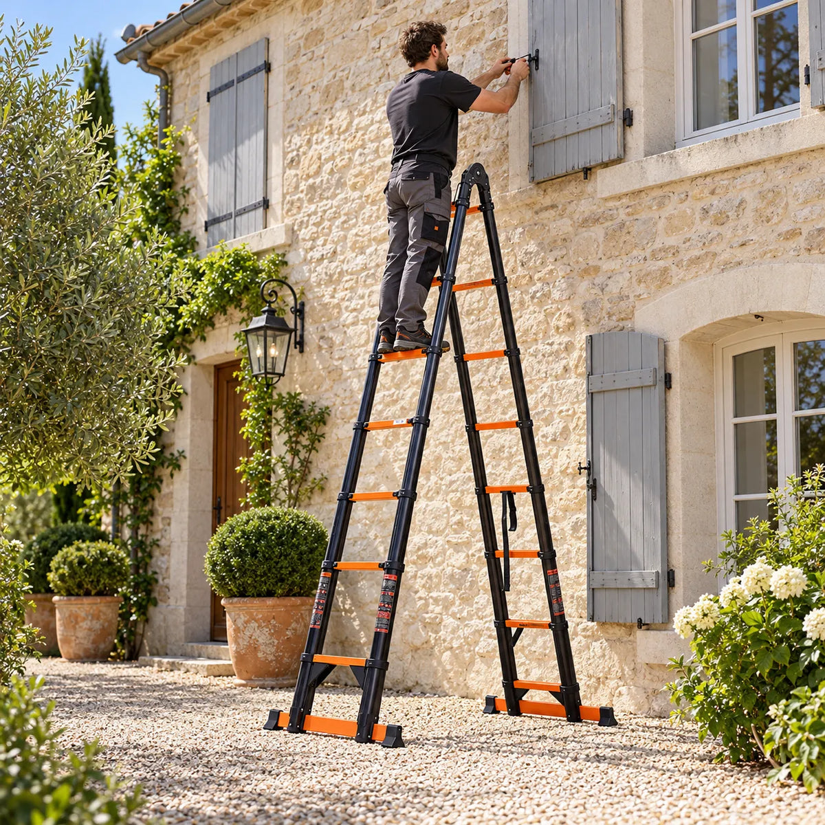 Artisan sur l'échelle Duo 660 XL en mode escabeau, en train de réparer un volet