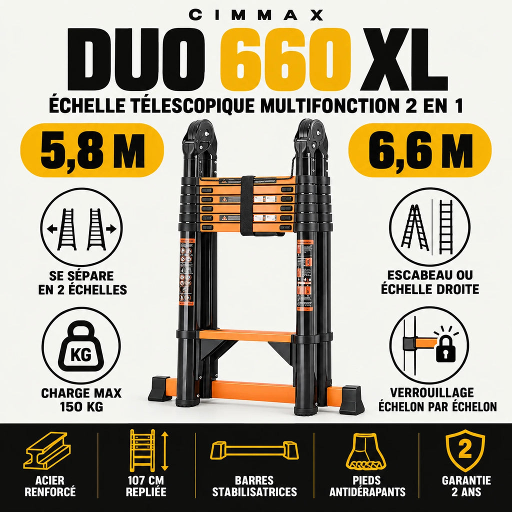 Infographie CIMMAX Duo 660 XL : 5,8 m ou 6,6 m, se sépare en 2 échelles, charge max 150 kg