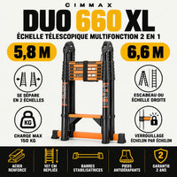 Infographie CIMMAX Duo 660 XL : 5,8 m ou 6,6 m, se sépare en 2 échelles, charge max 150 kg