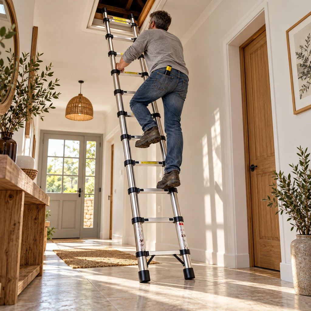 Homme qui monte vers une trappe de combles avec l'échelle Flex Pro