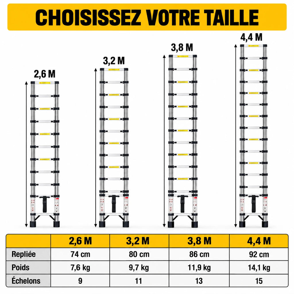 Guide des tailles Flex Pro : 2,6 m, 3,2 m, 3,8 m et 4,4 m, taille repliée, poids et nombre d'échelons