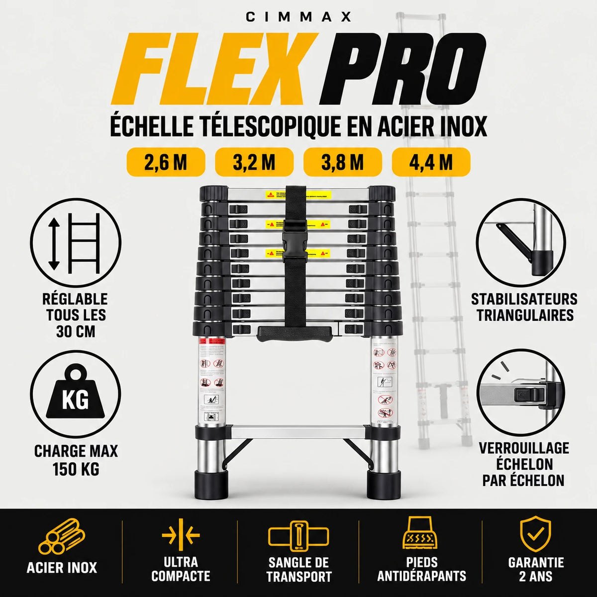 Infographie CIMMAX Flex Pro : 4 tailles de 2,6 à 4,4 m, réglable tous les 30 cm, charge max 150 kg