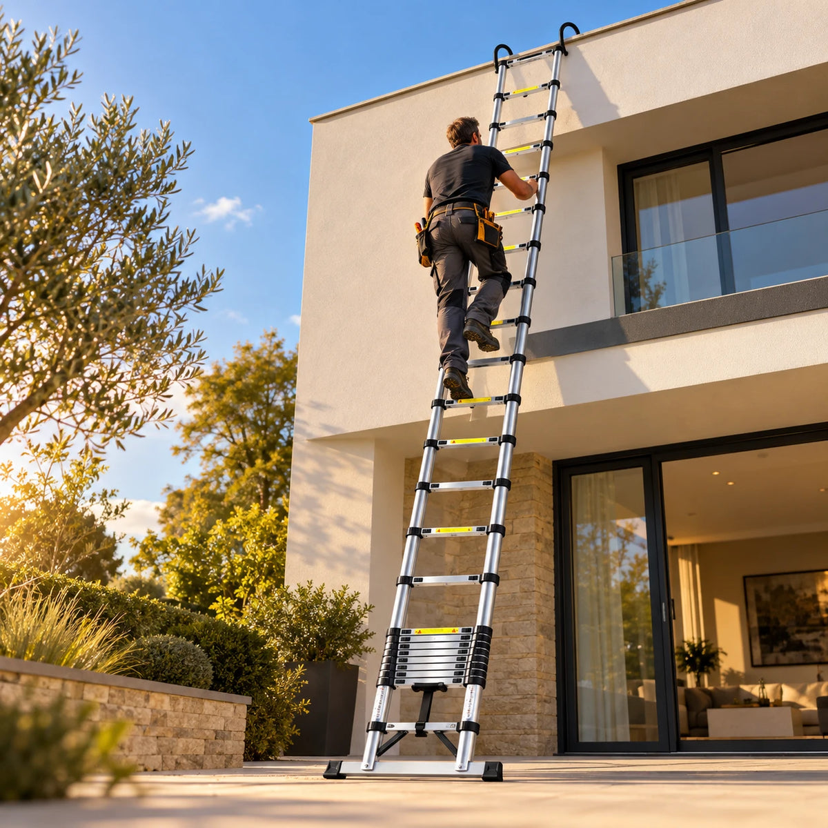 Artisan qui monte sur l'échelle Titan 630 Pro dépliée, crochets posés sur le rebord d'un toit-terrasse